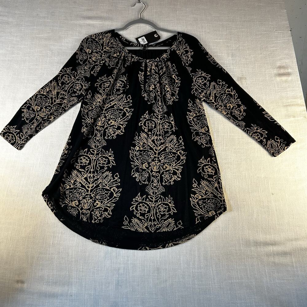 LUCKY BRAND Top Womens‎ Medium Pullover Boho Brown Black Three Quarter Sleeve